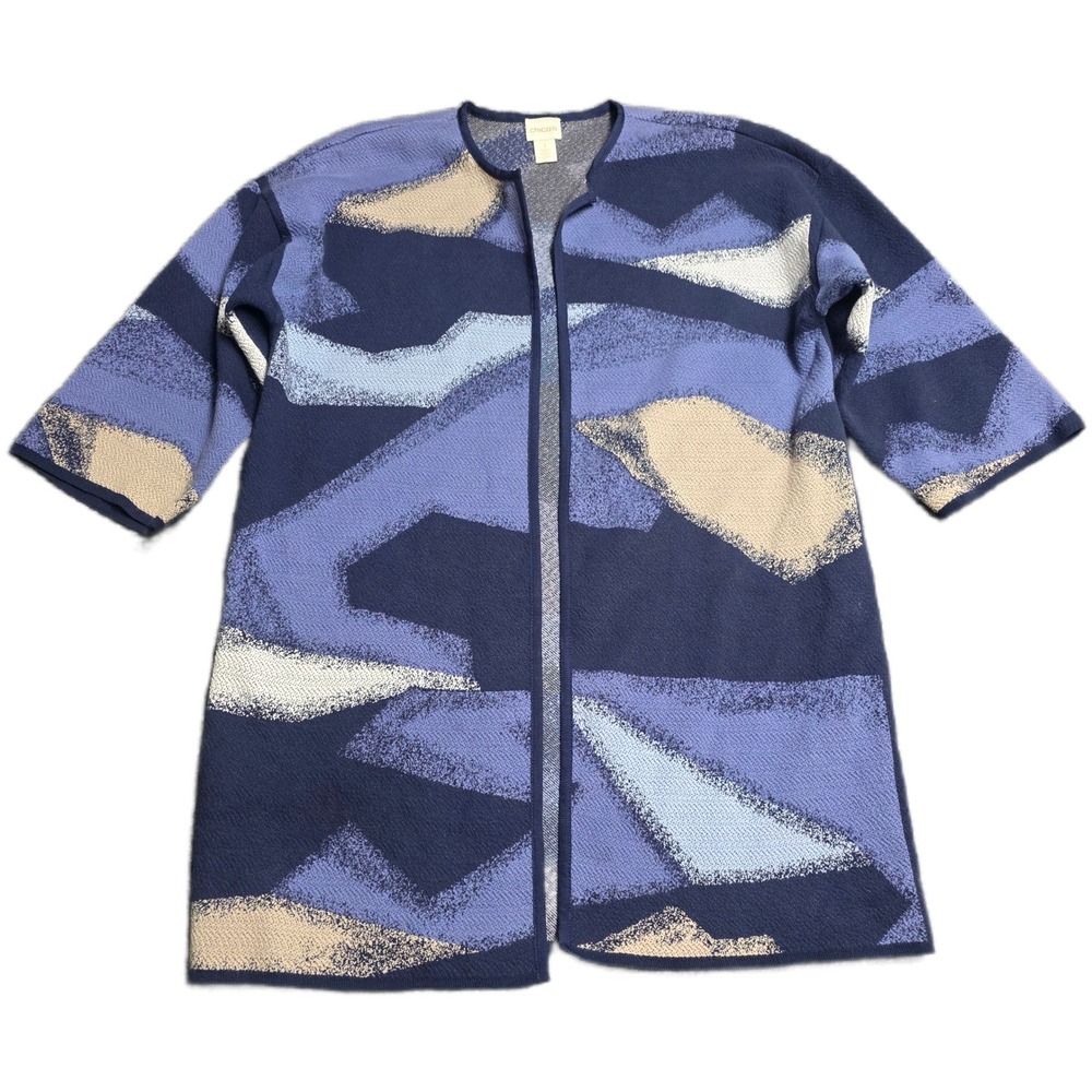 Chicos Open Cardigan Sweater Women's Size 1 Blue Tan Geometric Abstract Print